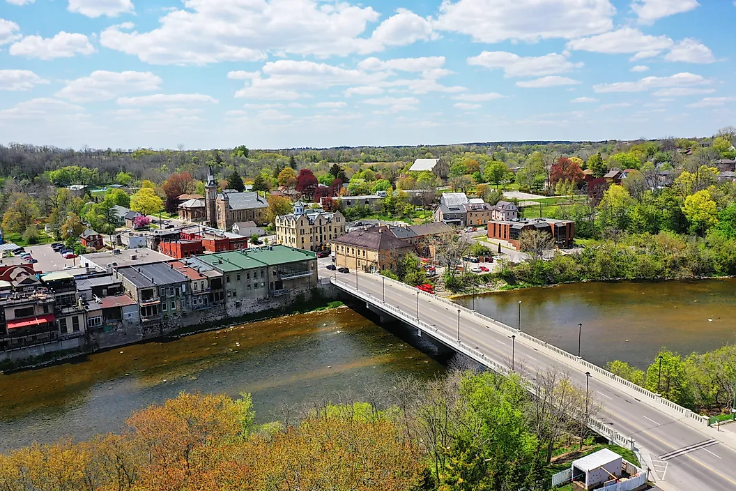 Aerial view of Paris, Ontario beside the Grand River